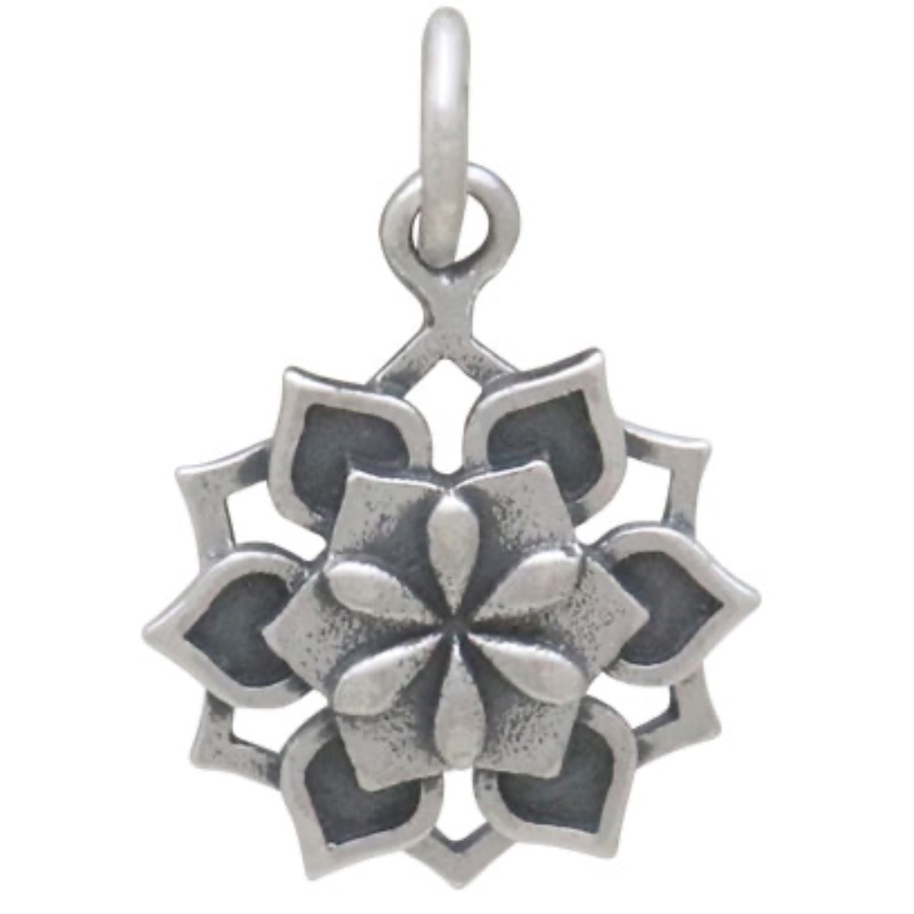 Sterling Silver Lotus Mandala Charm – 18x12mm Granulated Healing Pendant